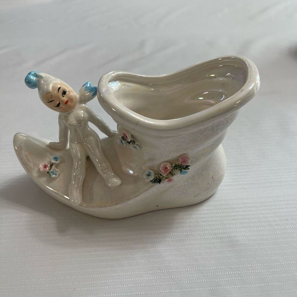 Lefton Pixie Fairy Elf Iridescent Luster Elf Boot Shoe Planter 6” X 4 Vtg Japan